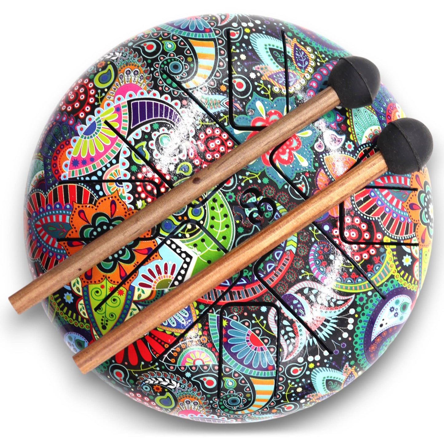 Tambour Hapi Om Multicolore - 18 cm, avec un bâton délicatement posé sur le dessus, mettant en valeur ses couleurs vibrantes et son motif Om.