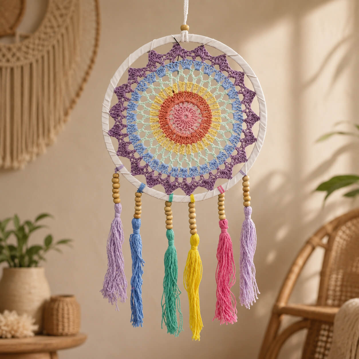 Attrape-rêve avec mandala crocheté pastel arc-en-ciel et six pompons aux couleurs chakras lavande bleu vert jaune rose.