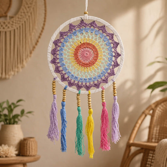 Attrape-rêve avec mandala crocheté pastel arc-en-ciel et six pompons aux couleurs chakras lavande bleu vert jaune rose.