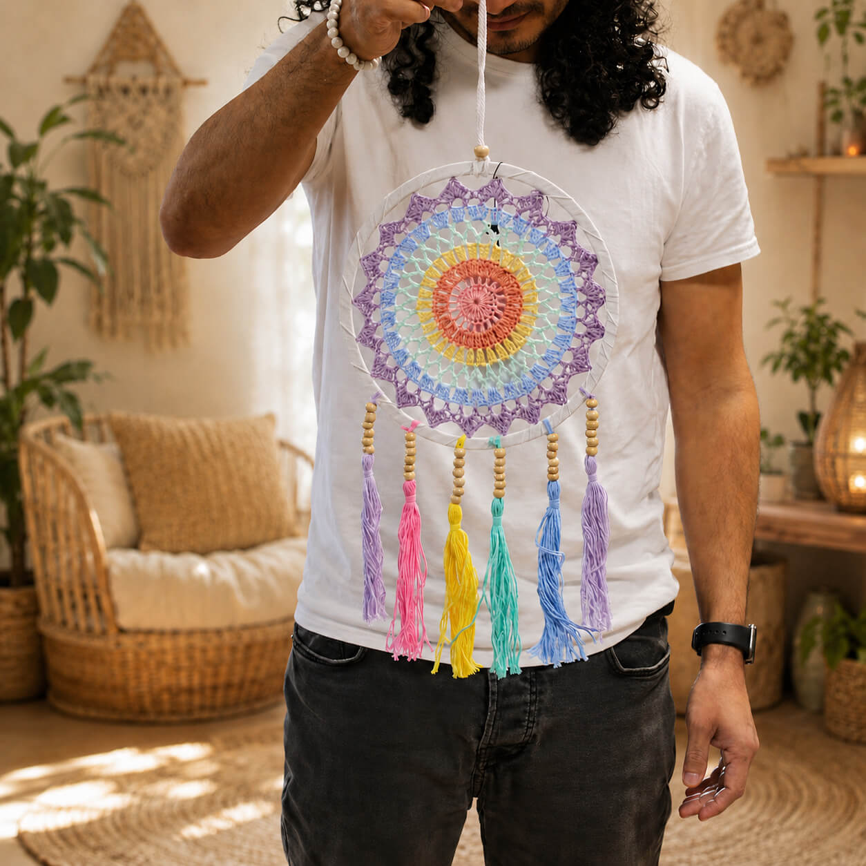 Attrape-rêve mandala pastel arc-en-ciel présenté à hauteur d'homme pour montrer son échelle bohème.