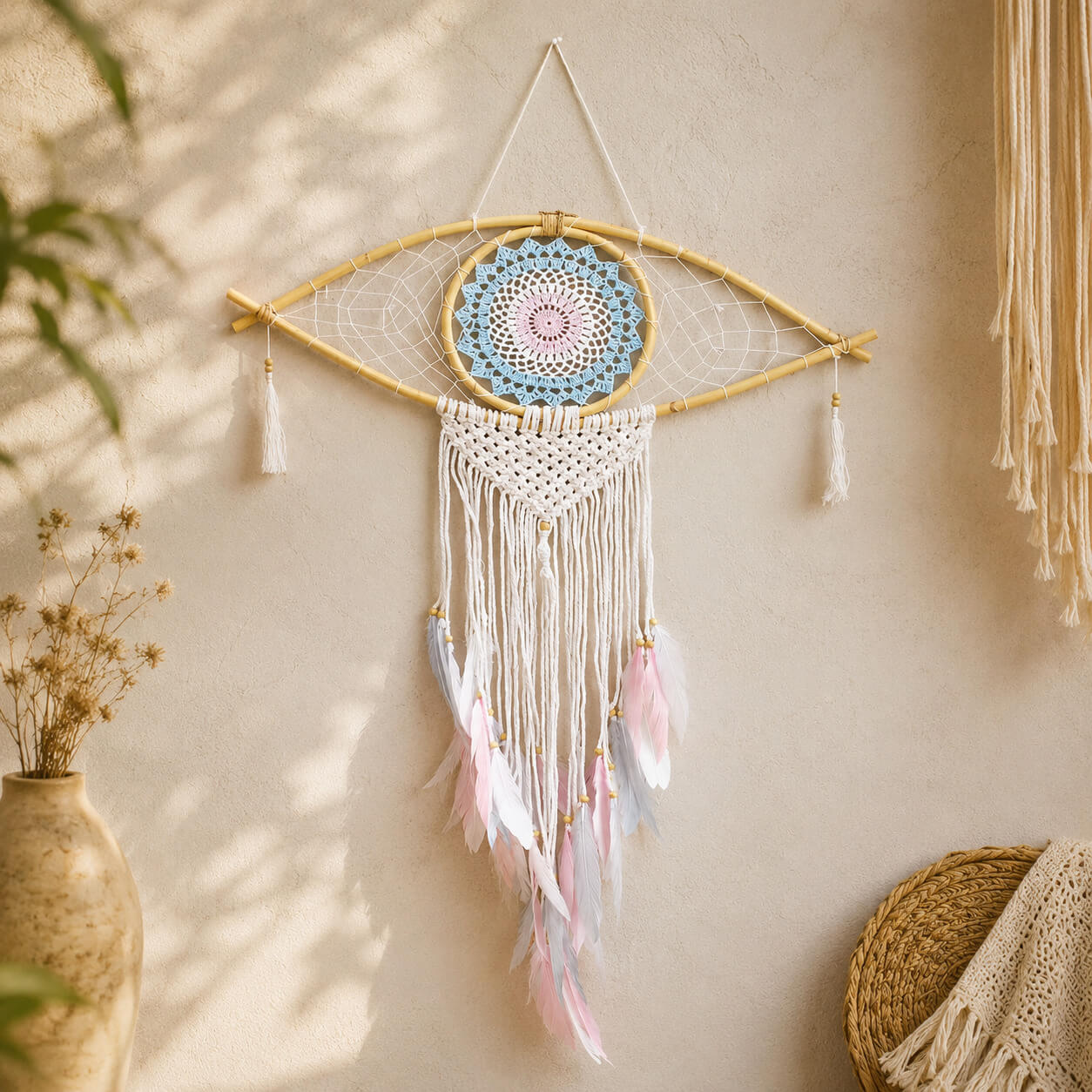 Attrape-rêve en forme d'œil avec médaillon crocheté bleu et rose pastel, macramé écru et plumes naturelles suspendues.