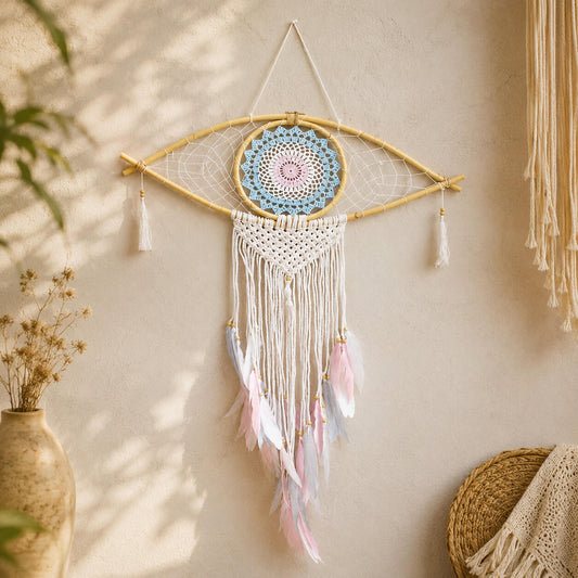 Attrape-rêve en forme d'œil avec médaillon crocheté bleu et rose pastel, macramé écru et plumes naturelles suspendues.