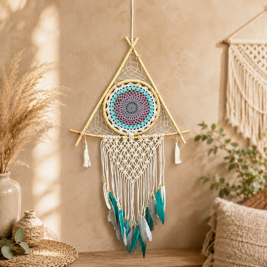 Attrape-rêve triangulaire en bambou avec mandala crocheté turquoise et lilas, macramé écru et plumes bicolores.