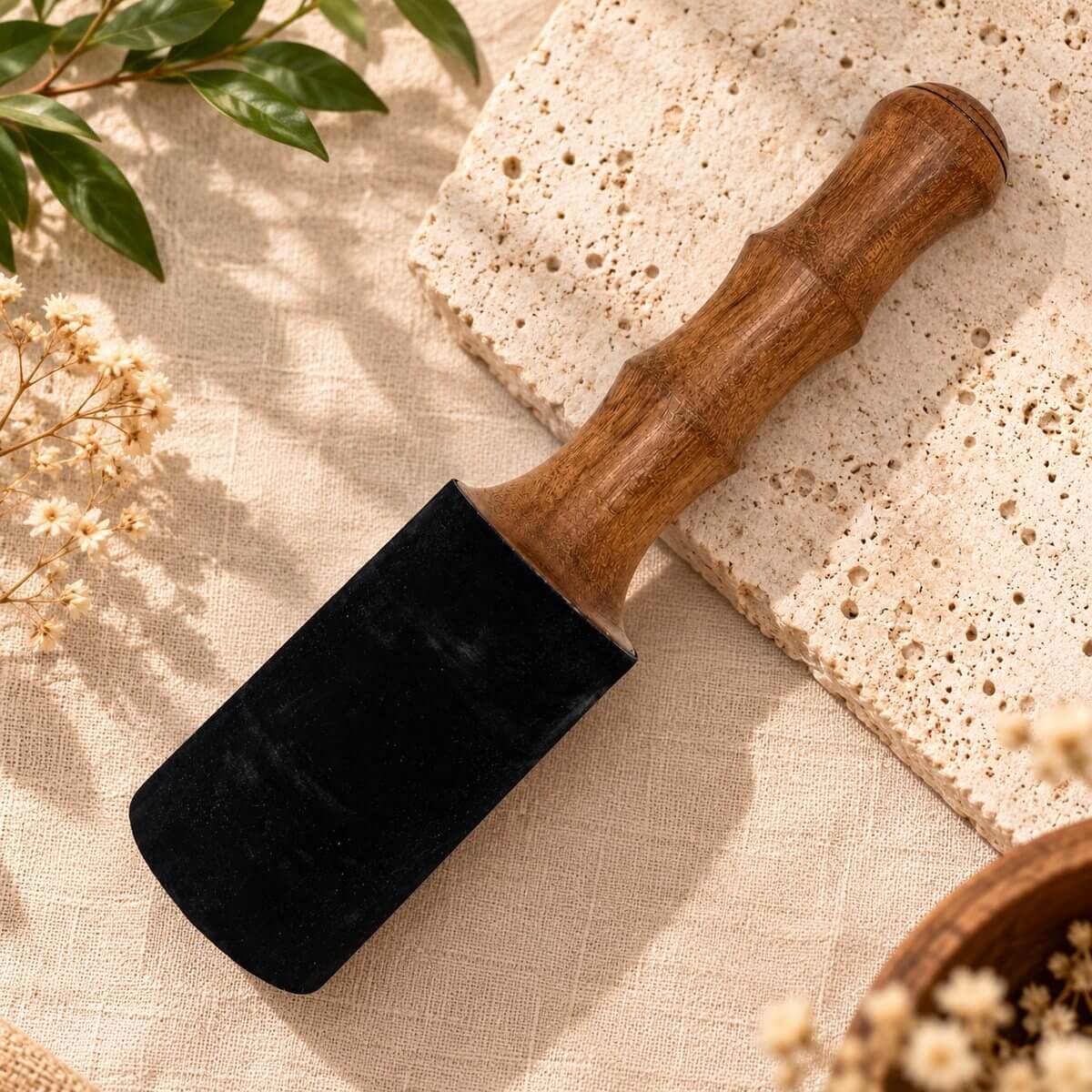 Bâton pour bol tibétain à poignée en bois à double galbe et large tête gainée de noir, posé sur un lin beige et une pierre claire
