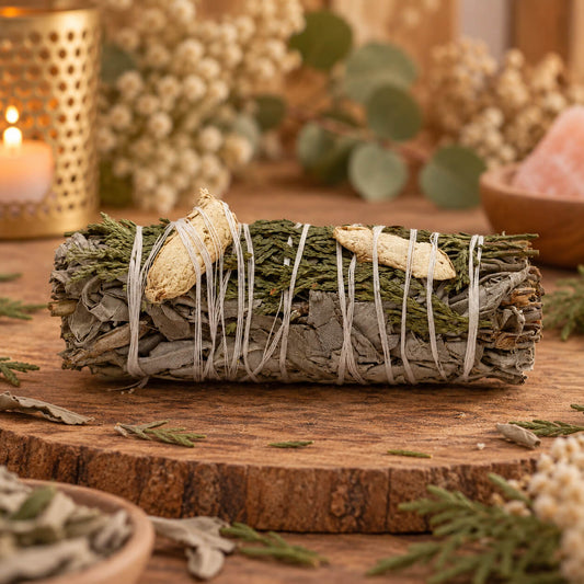 Bâton de sauge blanche recouvert de rameaux de cèdre et de morceaux de gingembre séché, posé sur une rondelle de bois