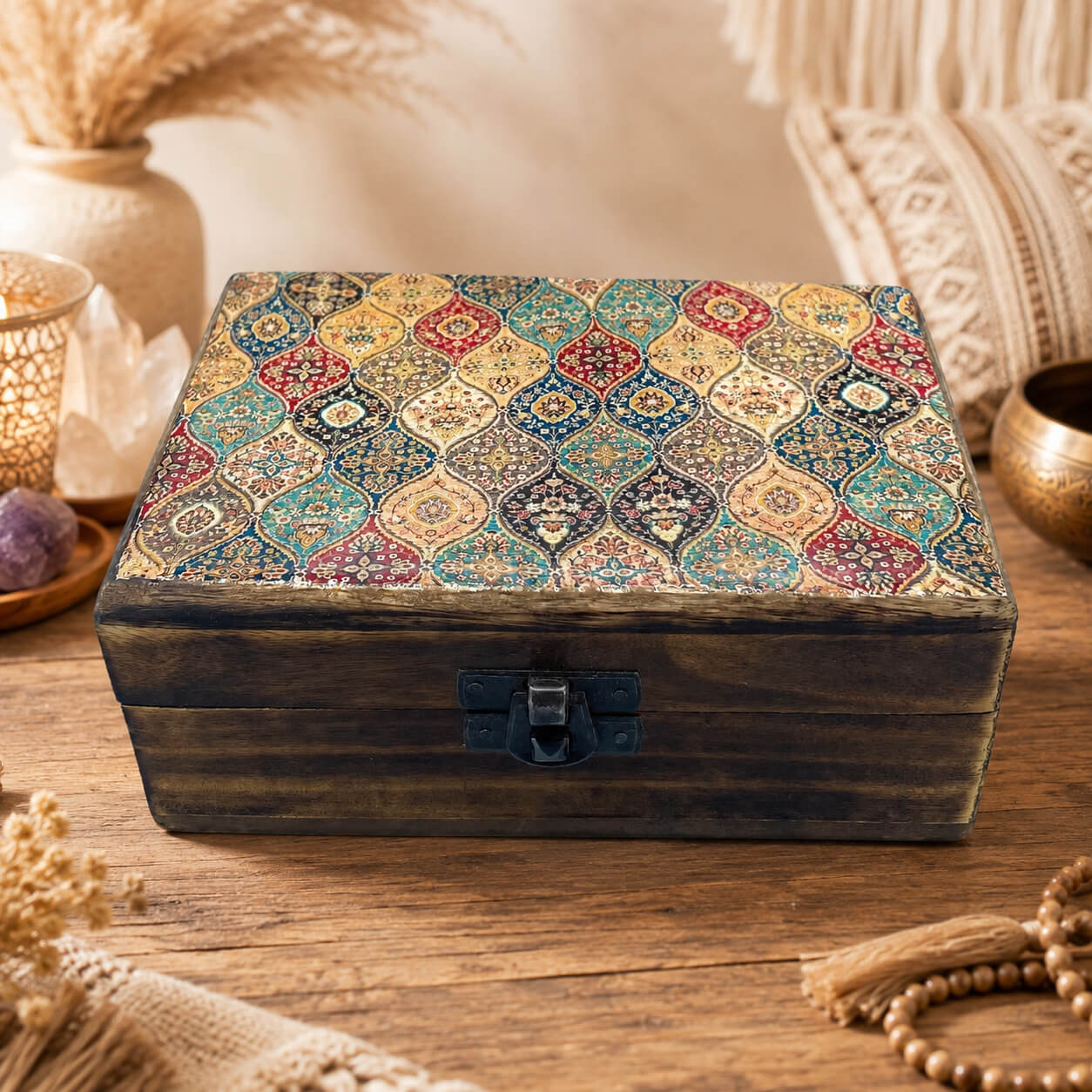 Boîte à bijoux en bois de manguier avec couvercle aux motifs persans façon céramique orientale multicolore.