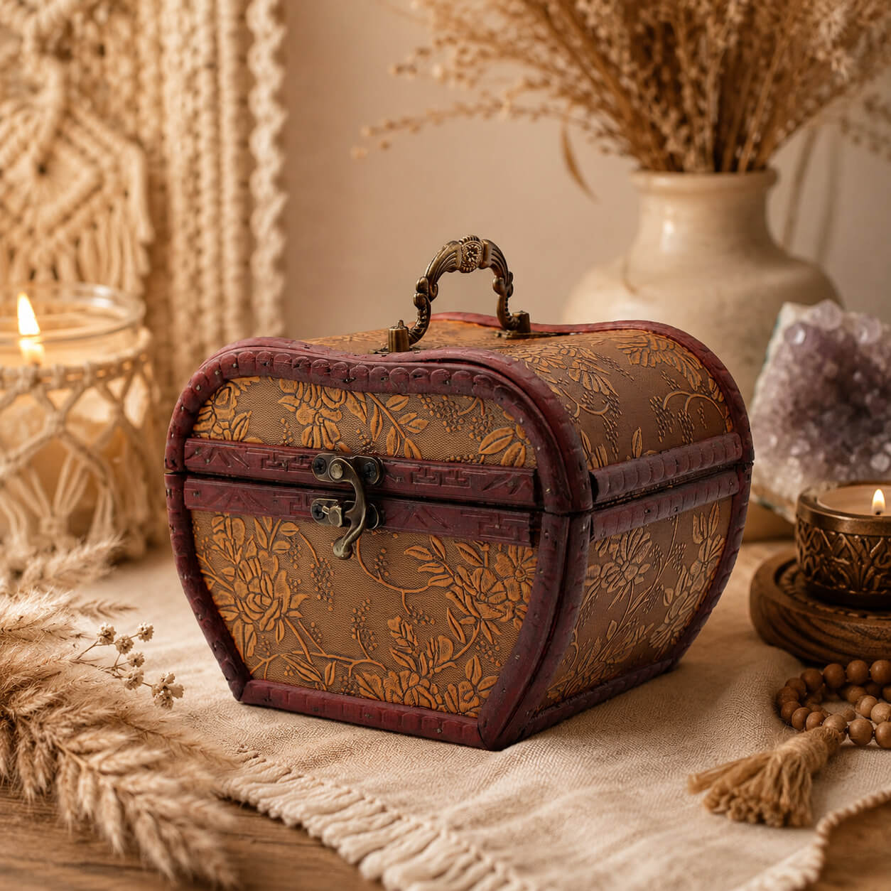 Boîte à bijoux style vintage 1920 coffret bombé avec fleurs en relief embossé et poignée baroque en laiton.