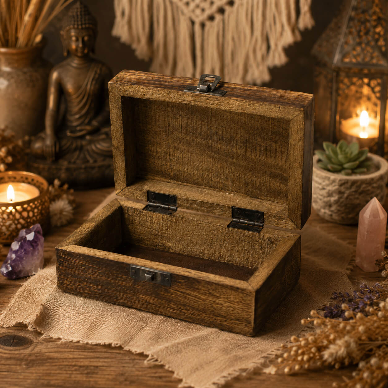 Boîte à bijoux You Are Stardust ouverte montrant l'intérieur en bois brut et le fermoir métallique noirci.