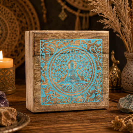 Grande boîte à bijoux en bois avec Bouddha sous l'arbre de Bodhi gravé en turquoise.