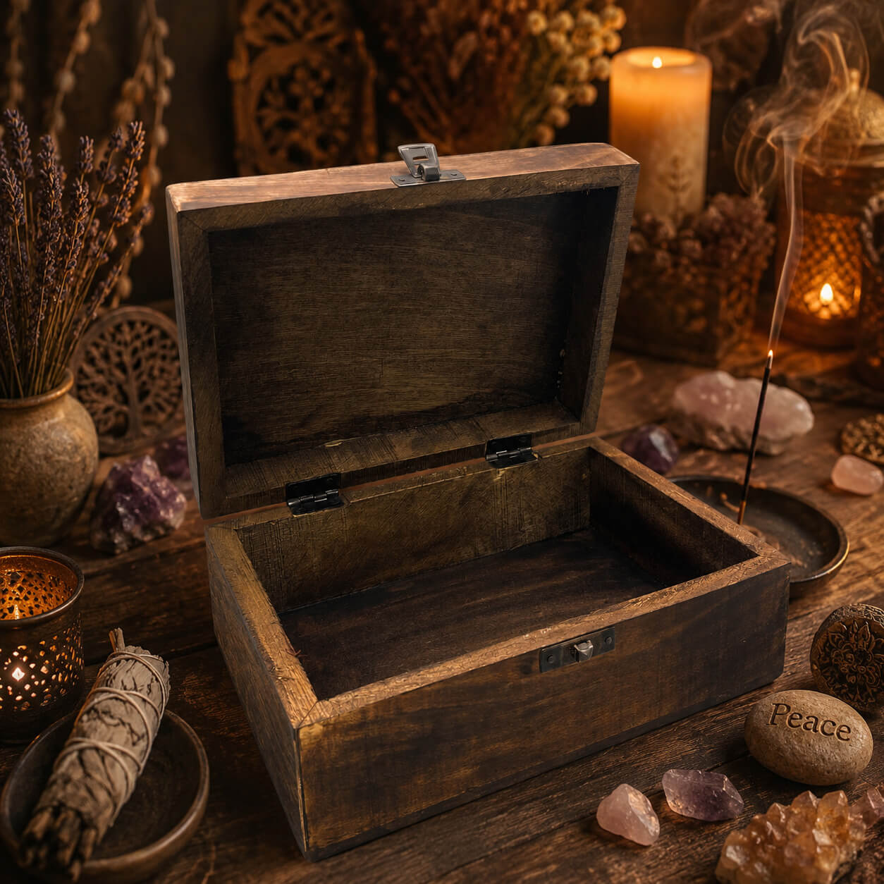Boîte à bijoux Om ouverte, intérieur en bois naturel et fermoir métallique.