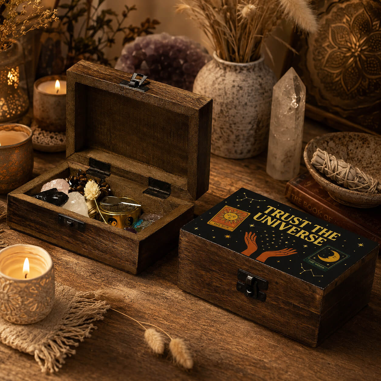 Boîte à bijoux Trust The Universe ouverte contenant cristaux et objets rituels en ambiance divinatoire chaleureuse.