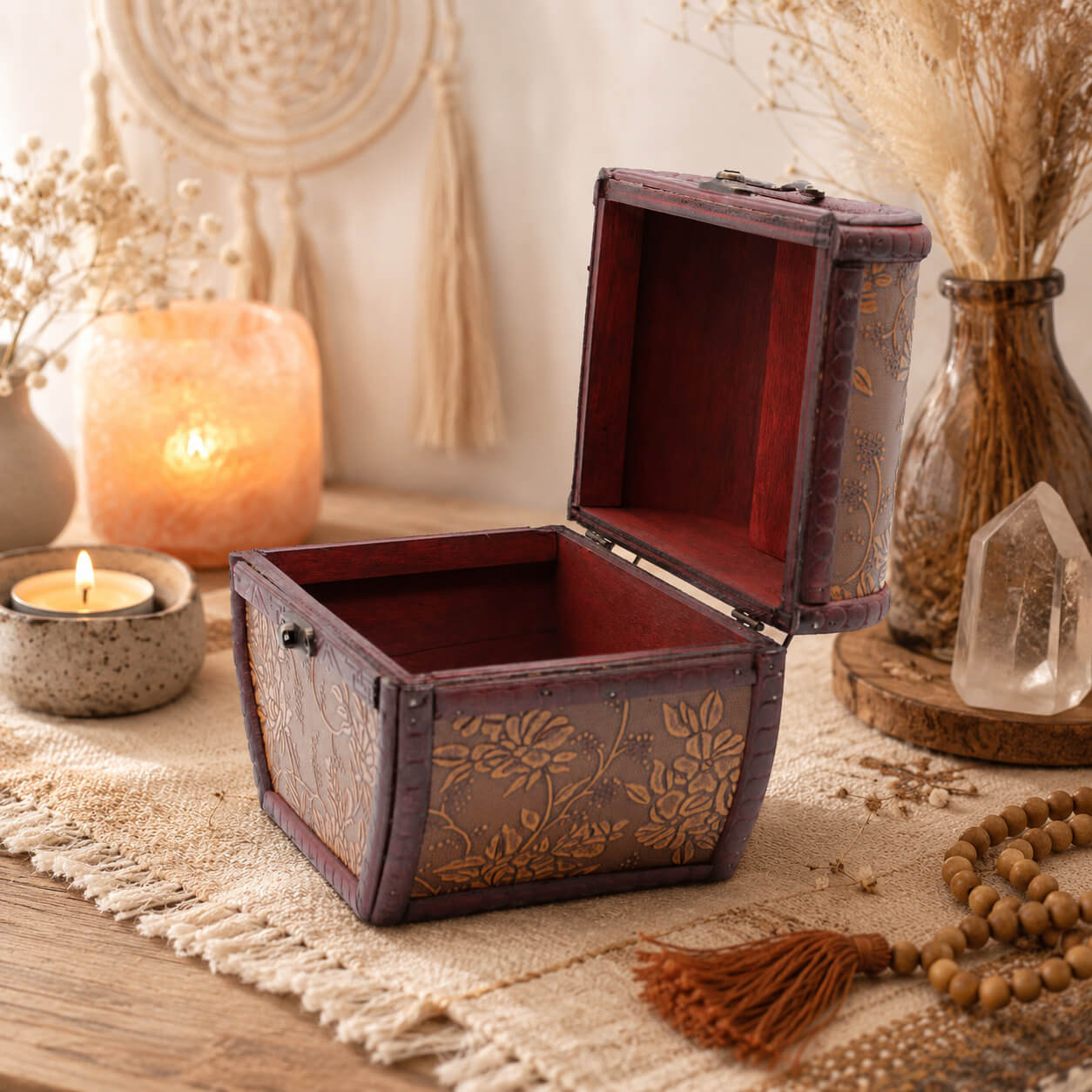 Boîte à bijoux vintage 1920 ouverte montrant l'intérieur bordeaux profond et le fermoir métallique ancien.