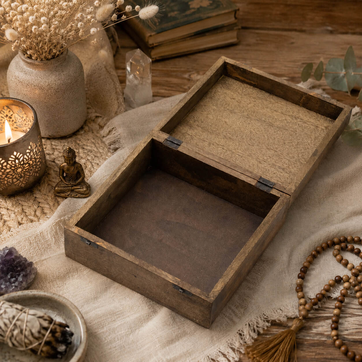 Grande boîte à bijoux en bois de manguier ouverte montrant l'intérieur spacieux idéal pour objets d'autel.