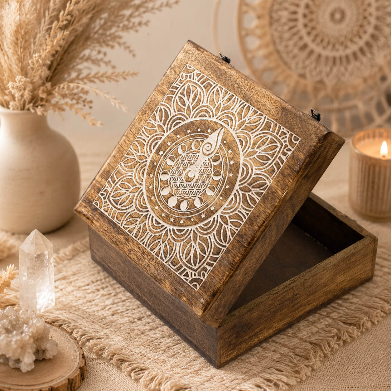 Détail de la gravure blanchie du mandala et Déesse de la Lune sur la grande boîte en bois de manguier.