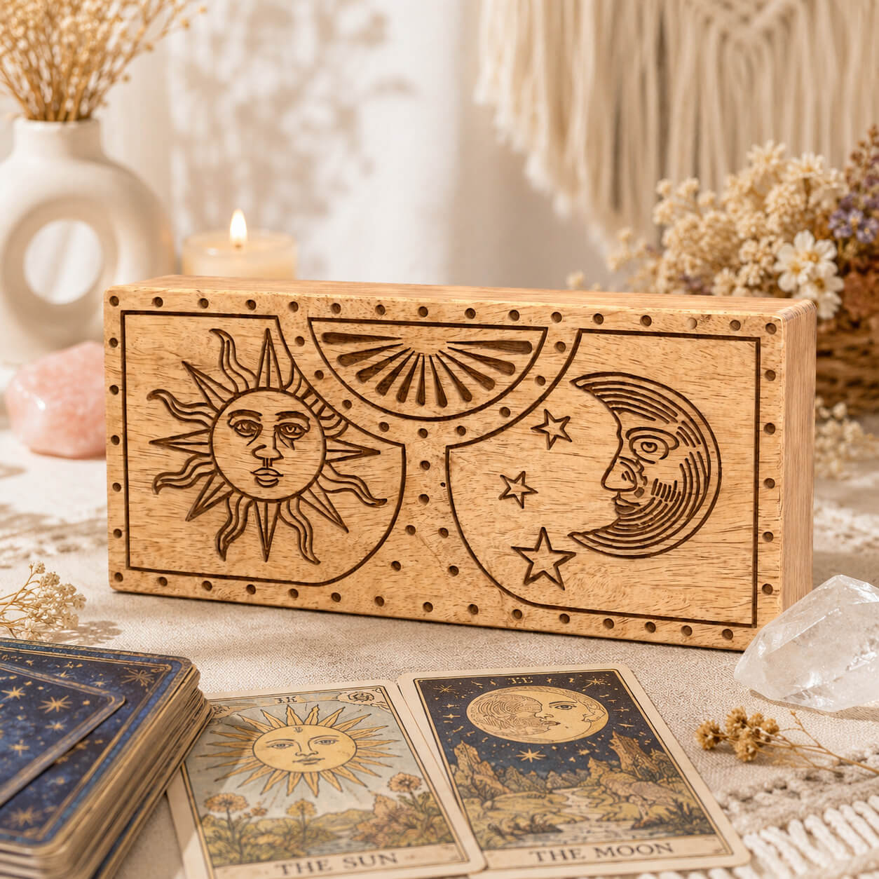 Boîte en bois gravée d'un soleil rayonnant et d'une lune entourée d'étoiles, bordure à rivets