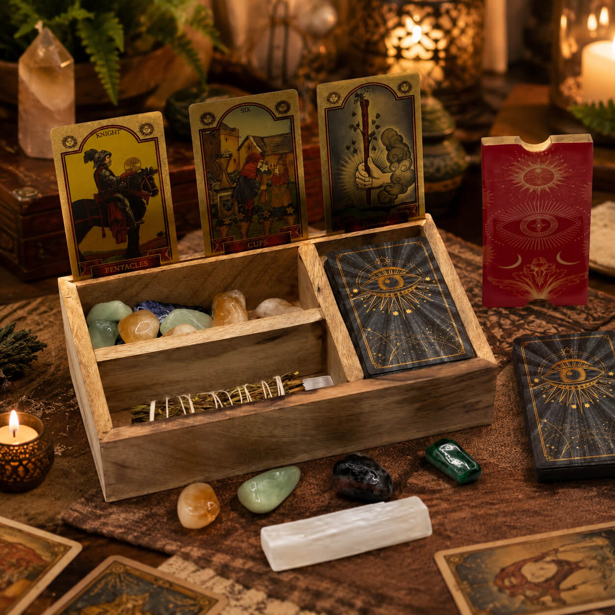 Boîte de tarot trois sections avec cristaux, sauge et cartes disposés en mise en scène