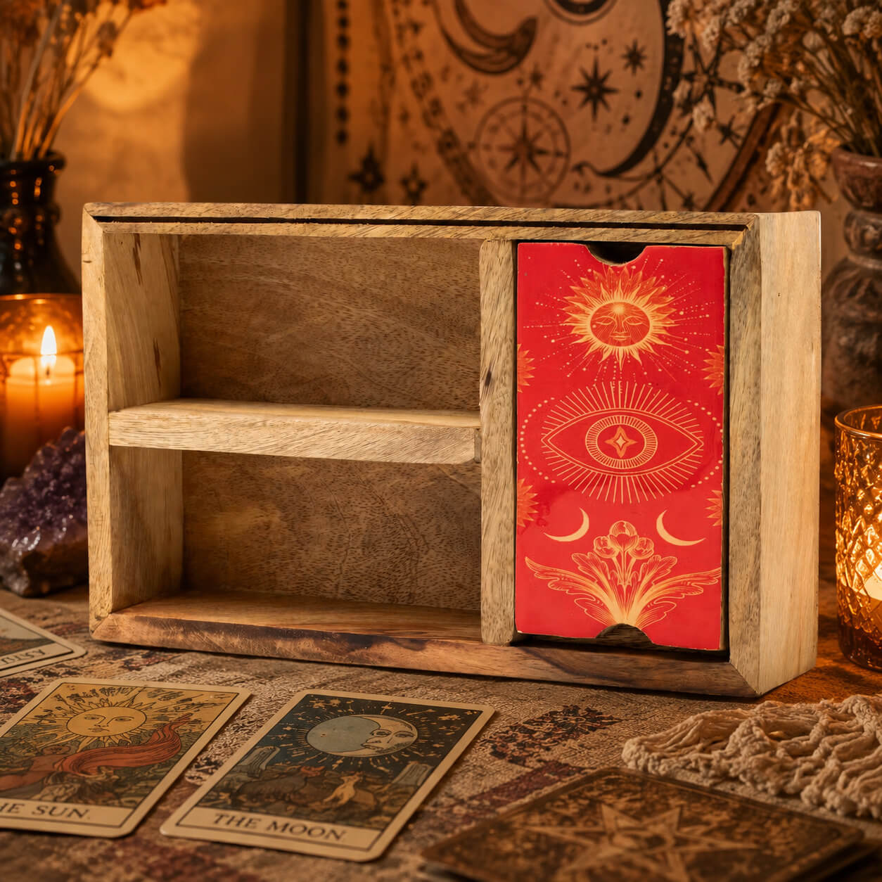Boîte de tarot en bois à trois compartiments avec panneau laqué rouge gravé soleil et œil