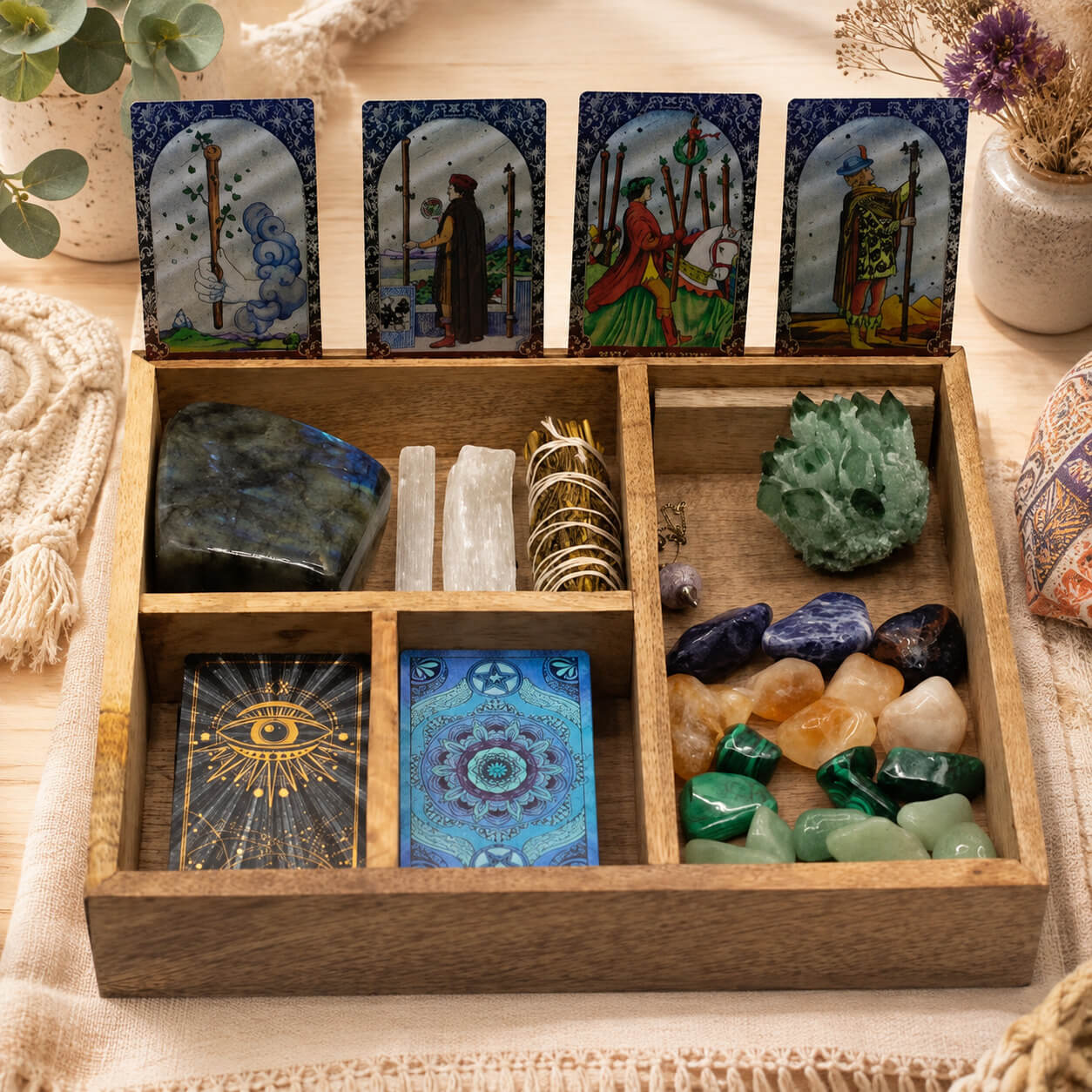 Boîte de tarot avec compartiments illustrés par des cristaux, cartes et objets rituels en mise en scène