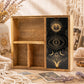 Boîte de tarot en bois à quatre compartiments avec porte-cartes intégré, panneau laqué soleil et œil