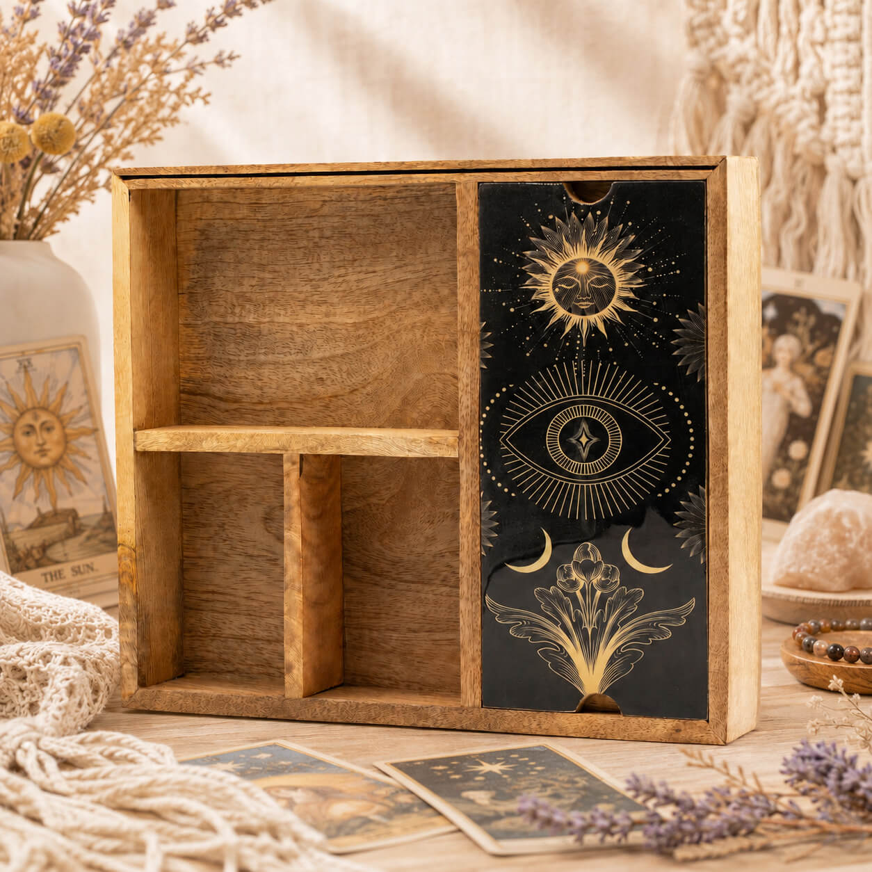 Boîte de tarot en bois à quatre compartiments avec porte-cartes intégré, panneau laqué soleil et œil