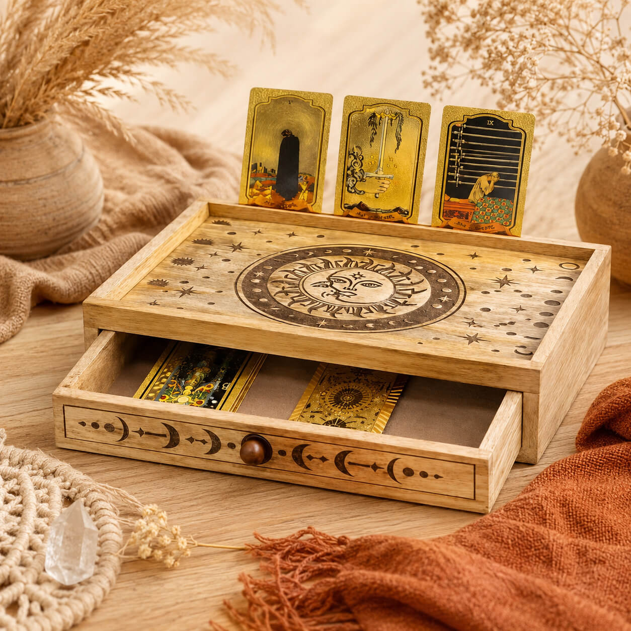Boîte de tarot en bois gravé de motifs soleil, lune et étoiles avec cartes en démonstration