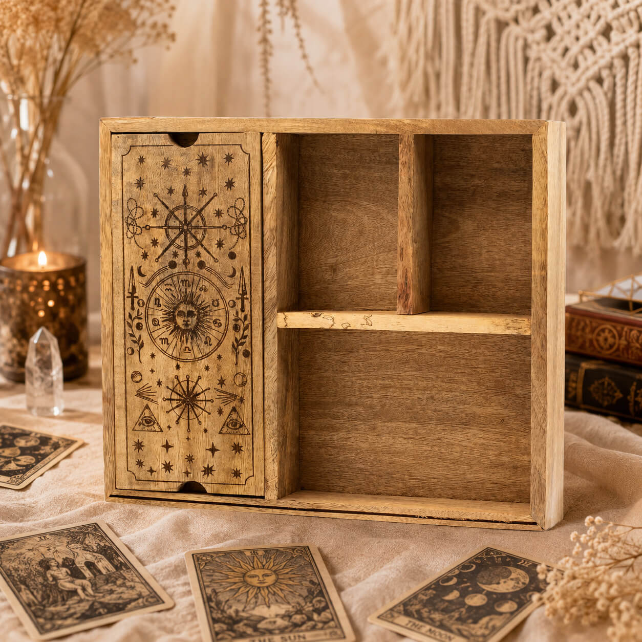 Boîte de tarot en bois avec panneau coulissant gravé de motifs astrologiques et zodiacaux