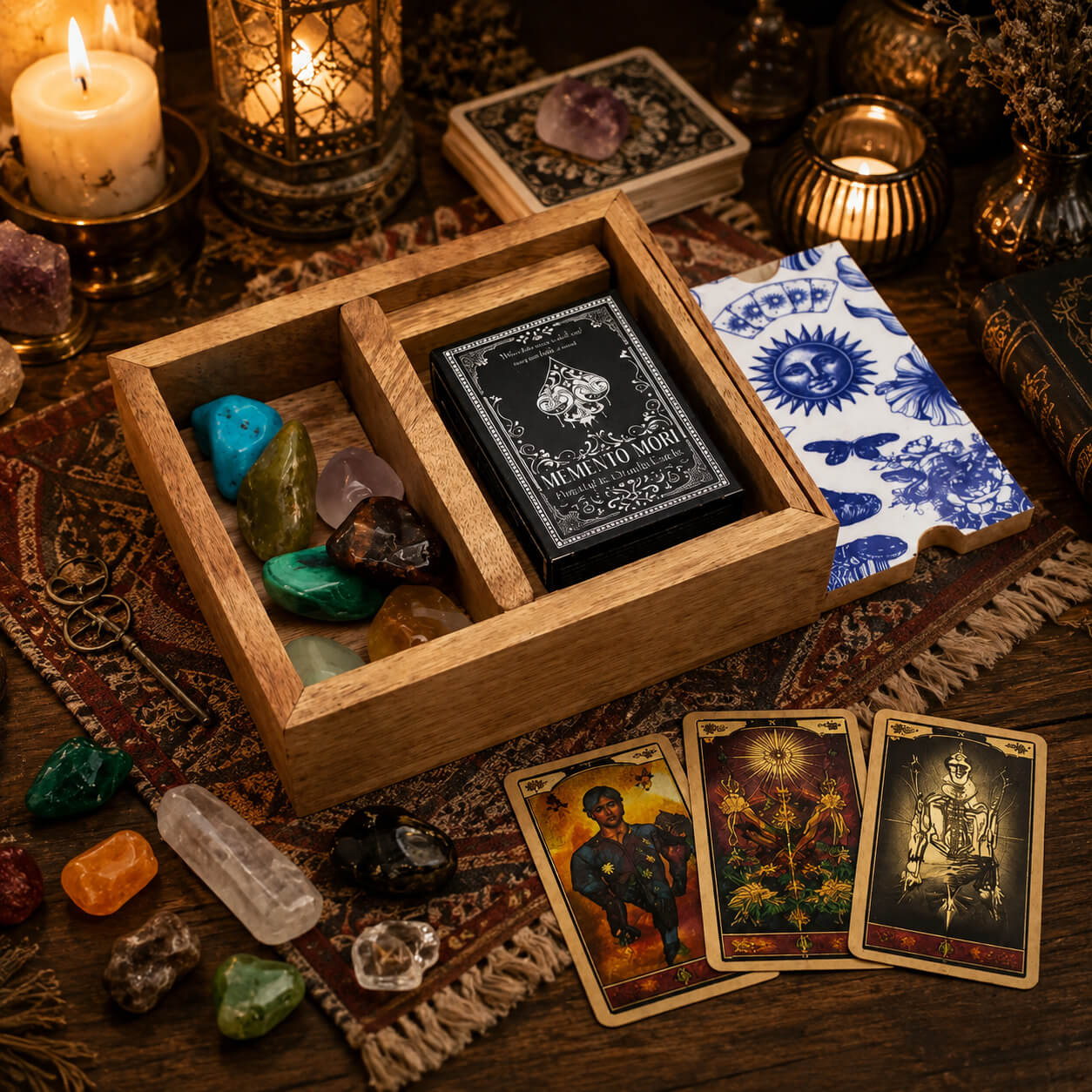 Boîte de tarot en bois avec panneau en céramique bleu et blanc gravé d'un soleil et de motifs floraux
