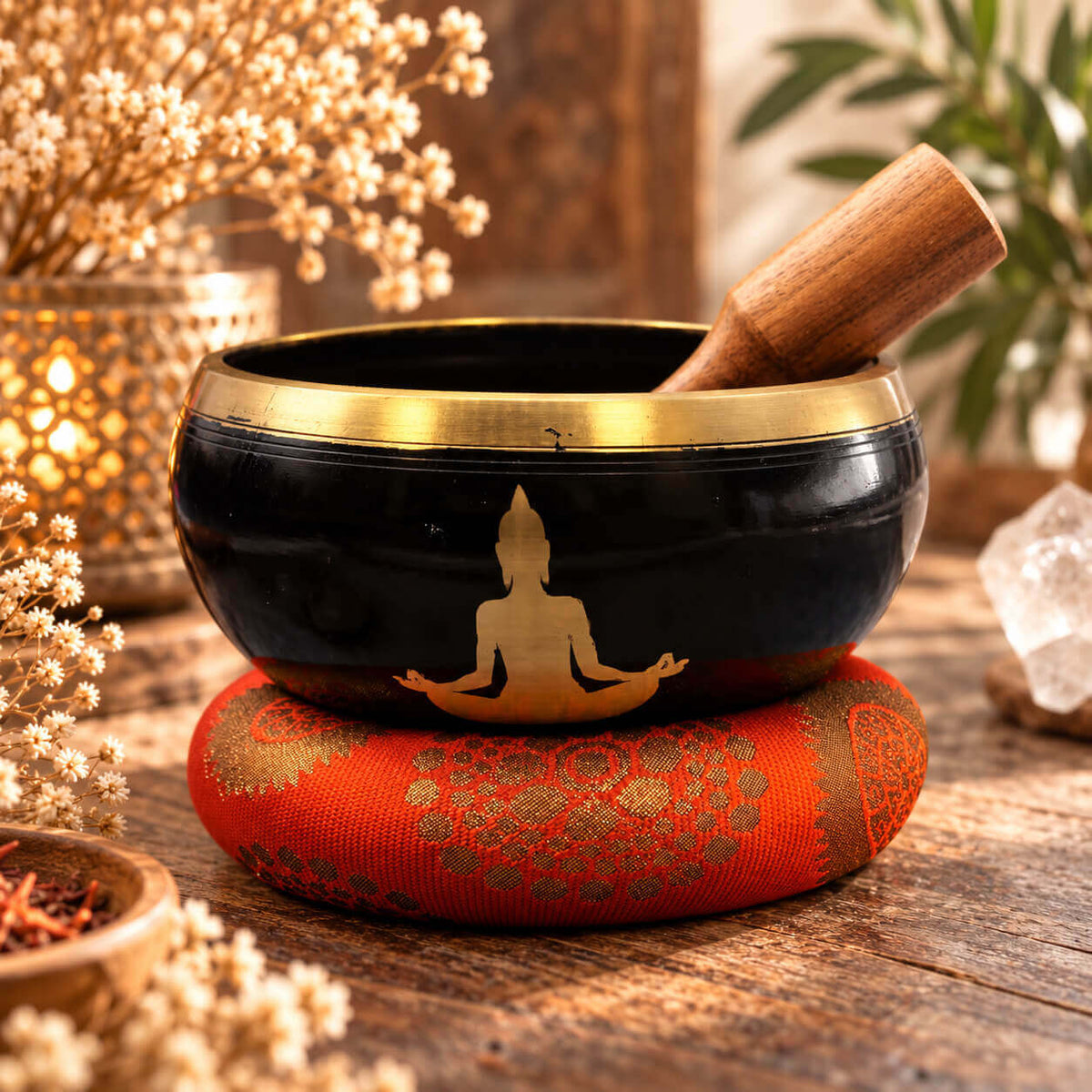 Bol chantant noir orné d'un Bouddha doré, posé sur un coussin rouge orangé avec son bâton en bois