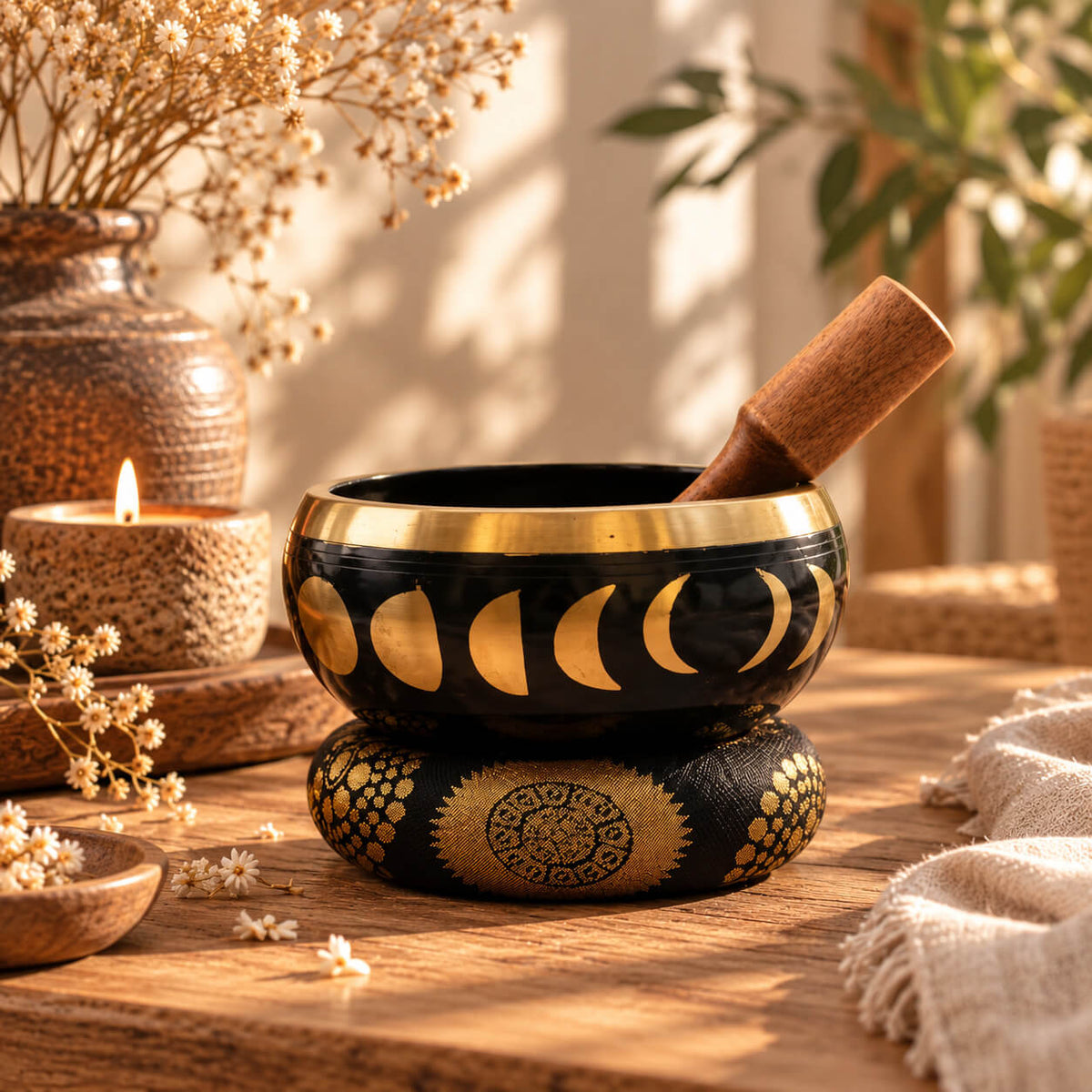Bol chantant noir et or orné de phases de lune, posé sur son coussin noir à motifs dorés avec son bâton en bois