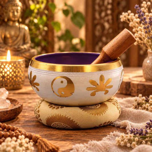 Bol chantant blanc à motifs yin yang et fleurs dorés, posé sur un coussin crème avec son bâton en bois