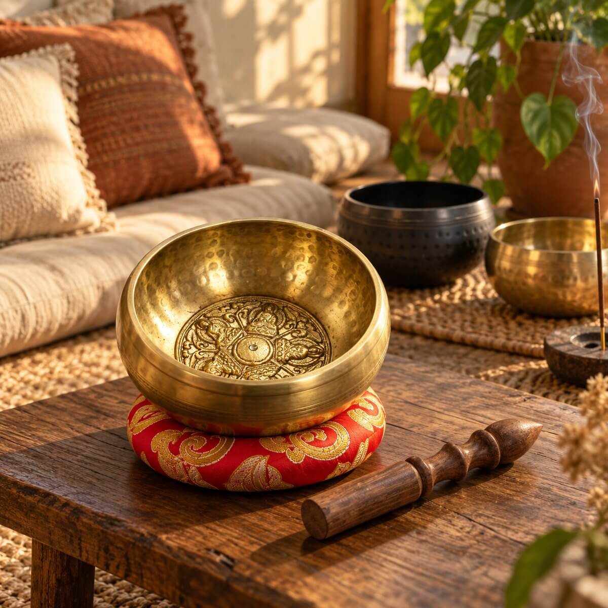 Bol tibétain martelé posé sur un coussin rouge brodé, avec un bâton en bois, un bol noir, un bol doré et de l’encens dans un salon bohème