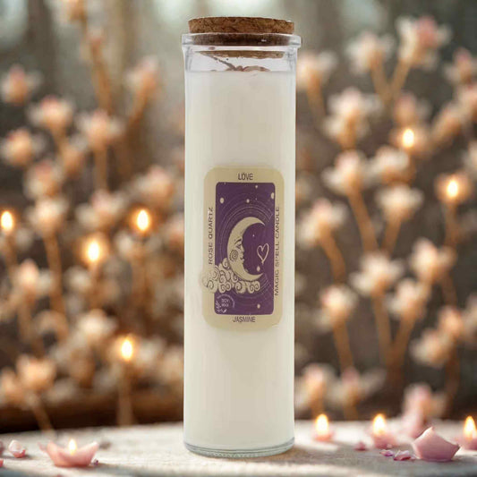 Bougie rituel amour en cire de soja avec étiquette violette Lune et cœur parfum jasmin quartz rose dans flacon en verre avec bouchon liège allumettes et lumière douce en arrière plan