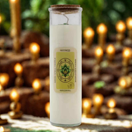 Bougie rituel bonheur Moroccan Roll en cire de soja avec aventurine verte dans flacon en verre.