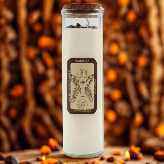 Bougie rituel confiance œil de tigre parfum cannelle orange.