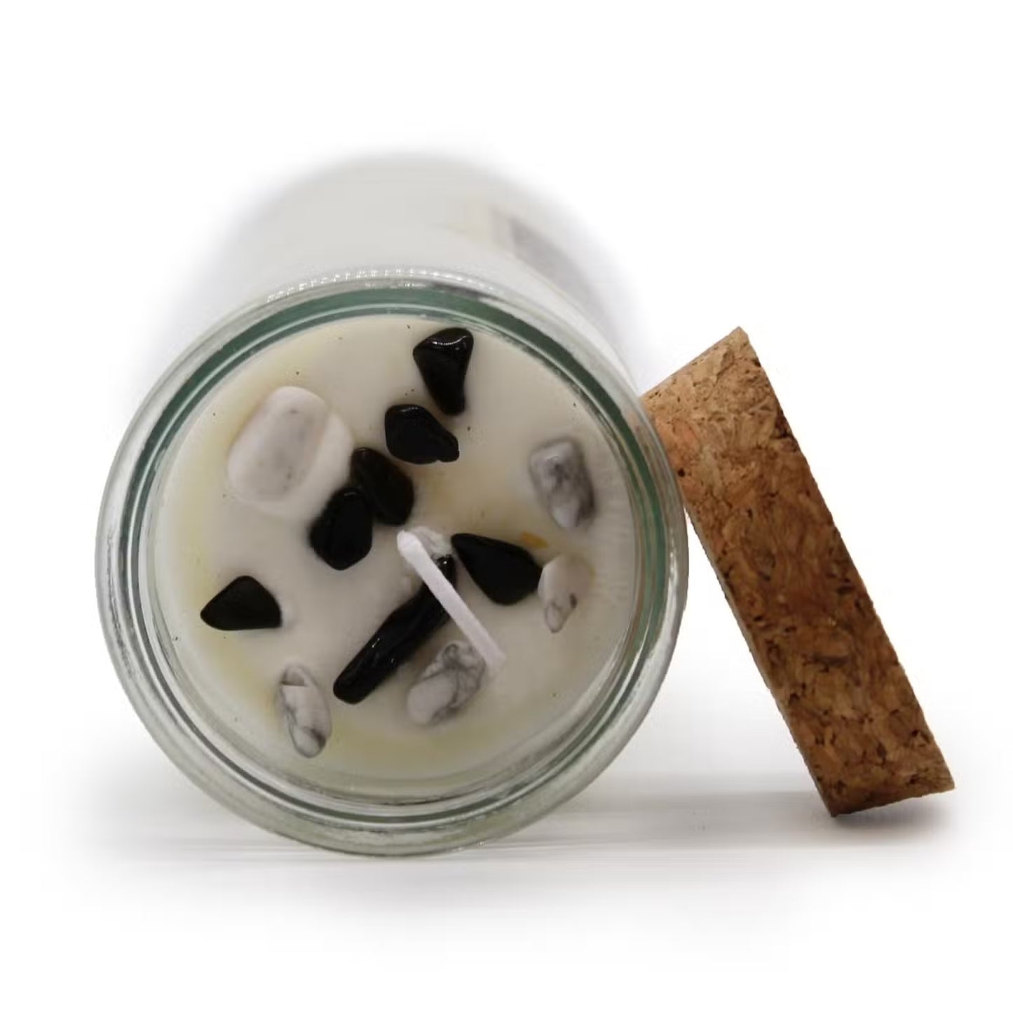 Bougie équilibre artisanale enrichie d’agate noire et jaspe blanc – parfum ylang-ylang.