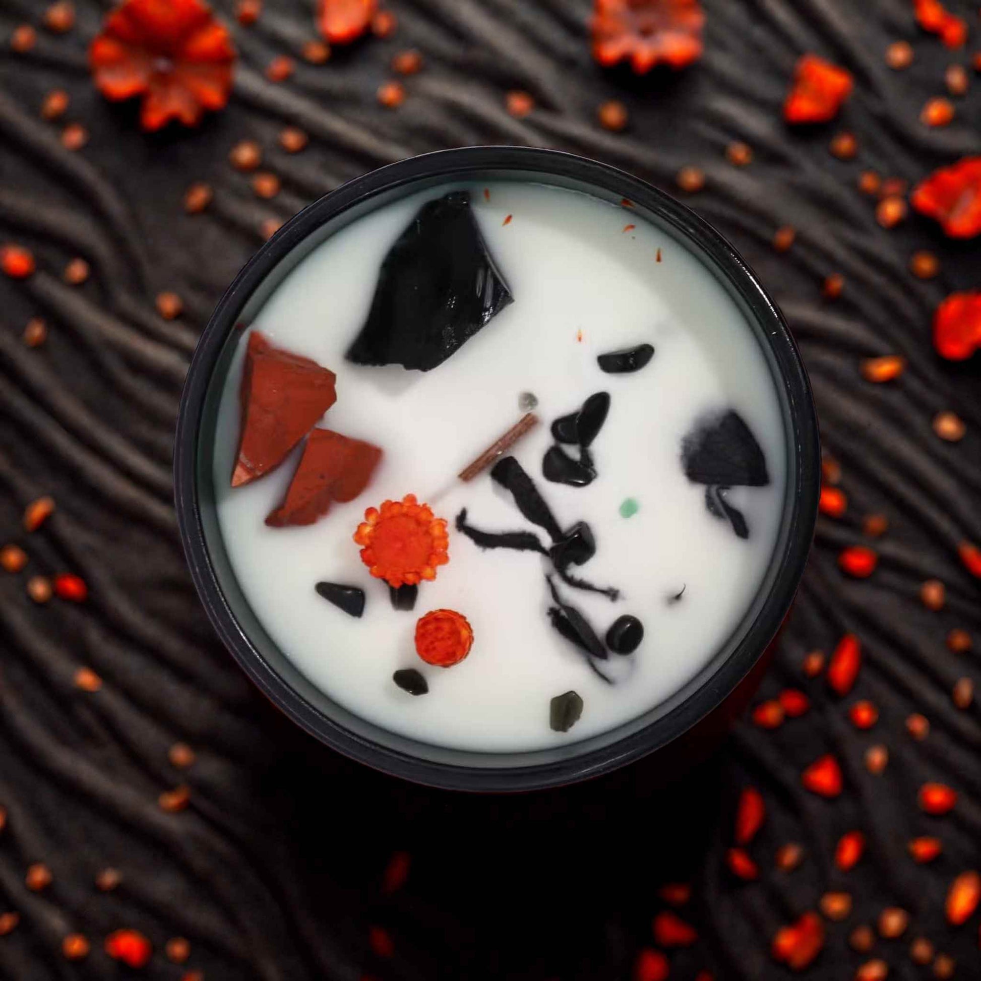 Bougie fleurs séchées démon jaspe rouge et agate noire création artisanale Art du Tibet