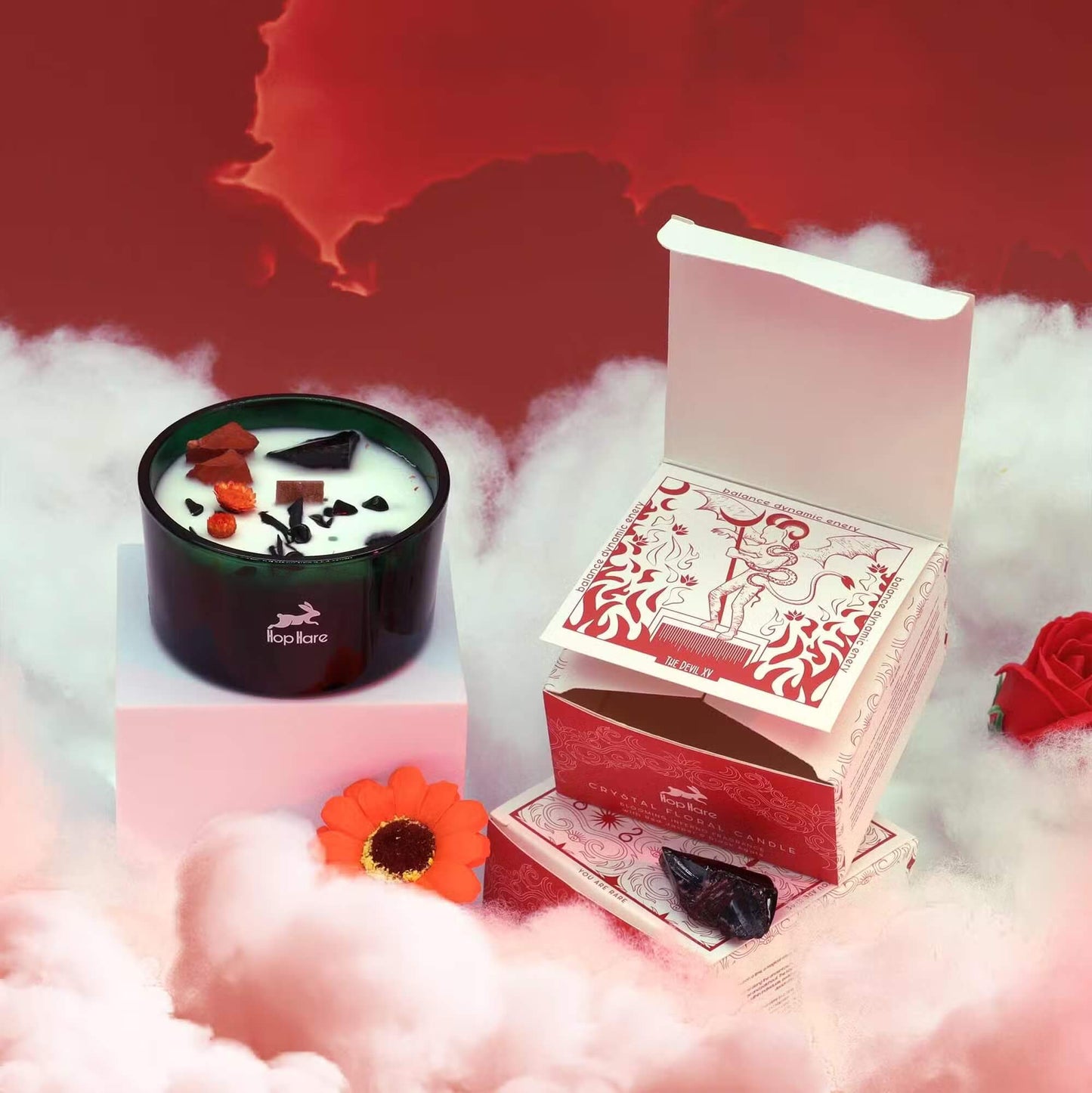 Bougie artisanale fleurs séchées jaspe rouge et agate noire symbole de puissance et transformation Art du Tibet.