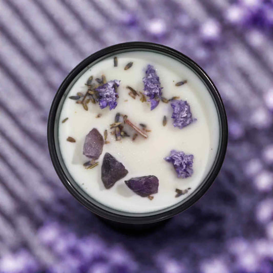 Bougie fleurs séchées améthyste parfum colline lavande création artisanale Art du Tibet.