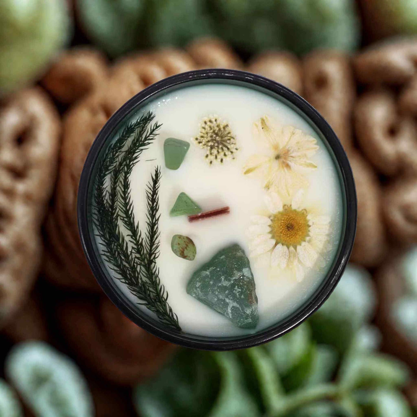 Bougie fleurs séchées jade vert parfum menthe enchantée création artisanale Art du Tibet