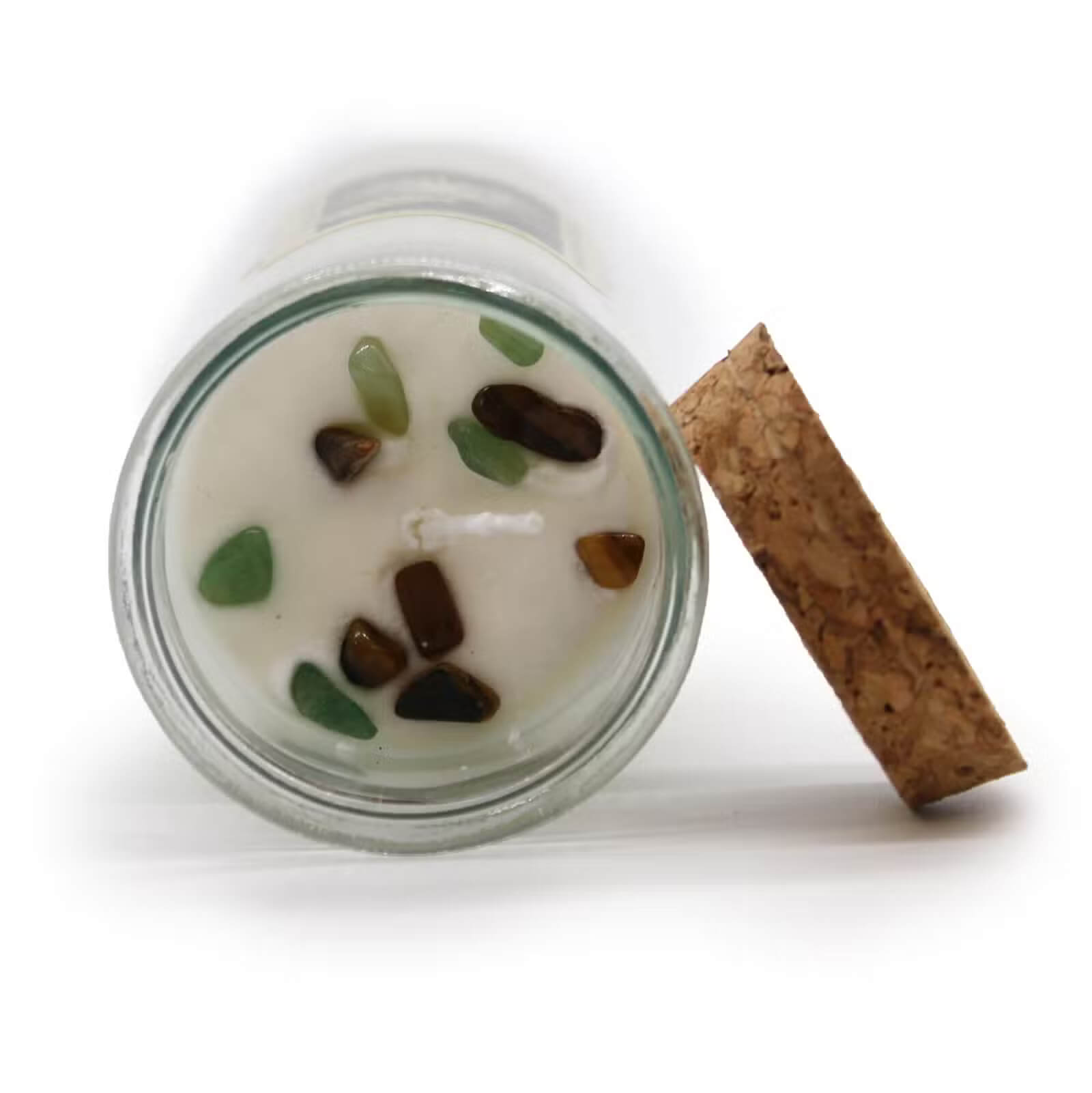 Bougie prospérité artisanale en cire de soja décorée de cristaux aventurine et œil de tigre parfumée au citron honeysuckle.