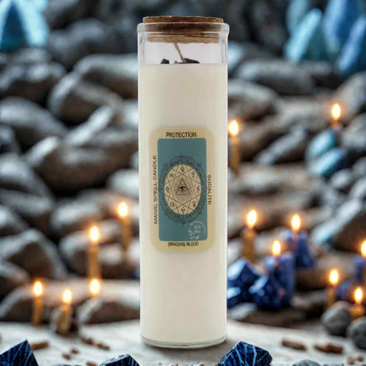 Bougie rituel protection dragon blood sodalite en cire de soja artisanale – vue de face.