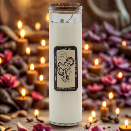 Bougie rituel séduction ylang ylang patchouli avec pierres – vue de face