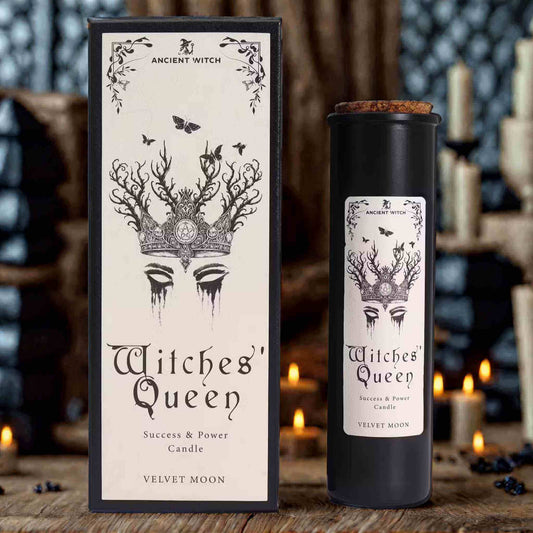 Bougie « Witches’ Queen » Velvet Moon, succès & pouvoir, cire végétale 24 cm.