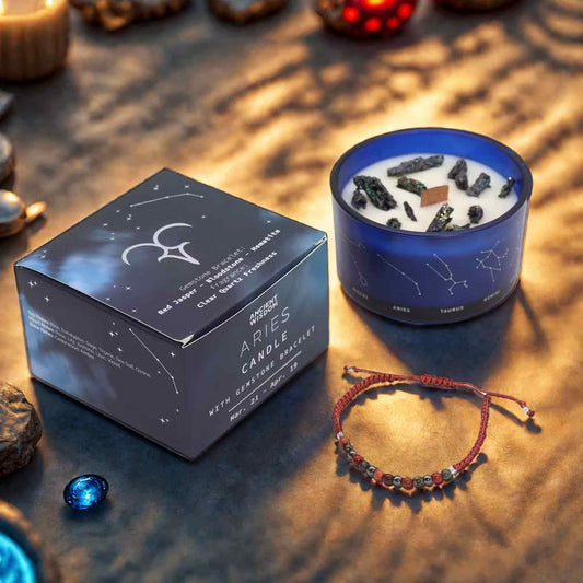 Bougie zodiaque Bélier constellation avec bracelet pierres précieuses jaspe rouge, bloodstone et hématite dans coffret bleu.
