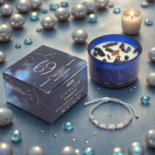 Bougie zodiaque Cancer constellation avec bracelet aigue-marine quartz fumé et moonstone Art du Tibet
