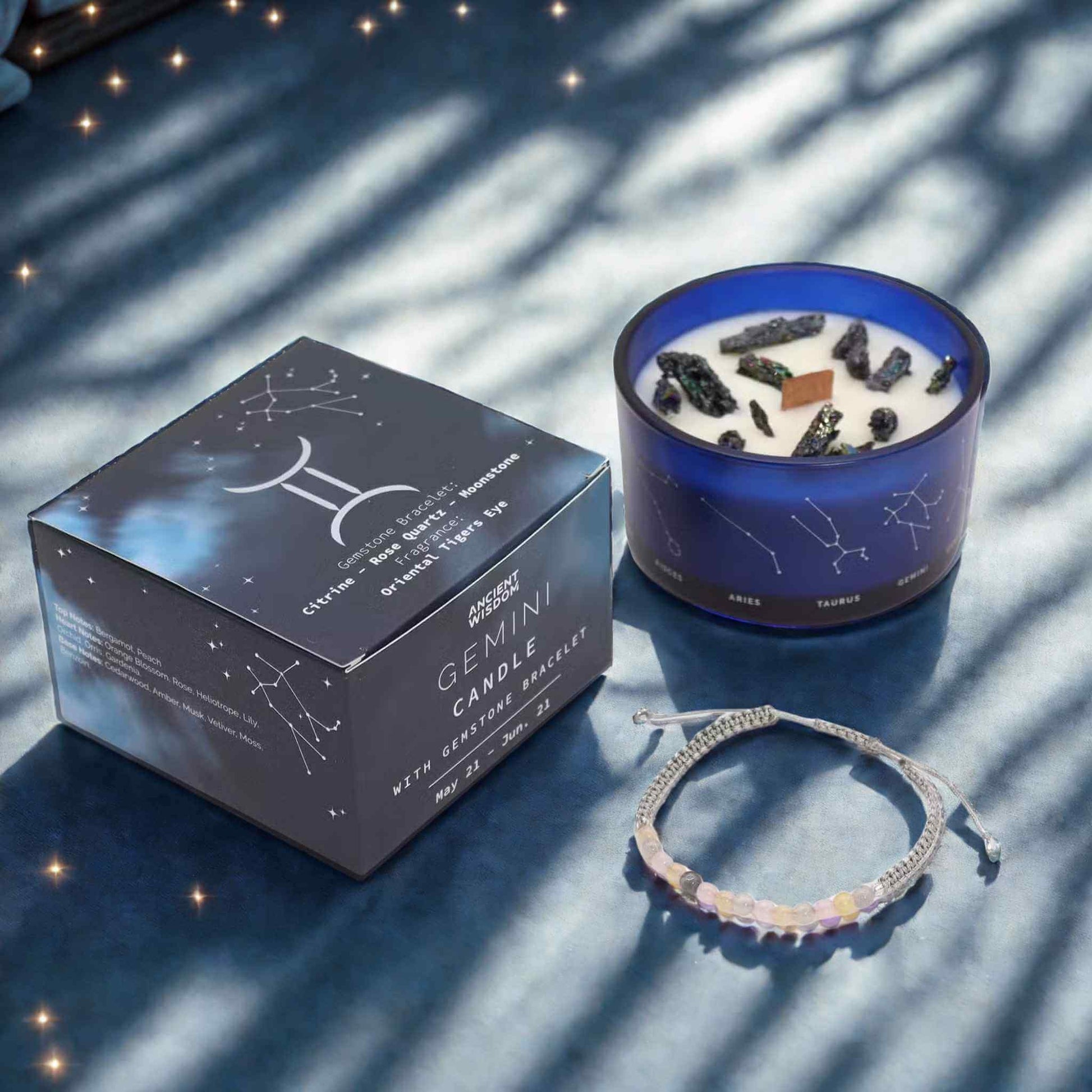 Bougie zodiaque Gémeaux constellation avec bracelet pierres citrine quartz rose moonstone.