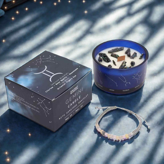 Bougie zodiaque Gémeaux constellation avec bracelet pierres citrine quartz rose moonstone.