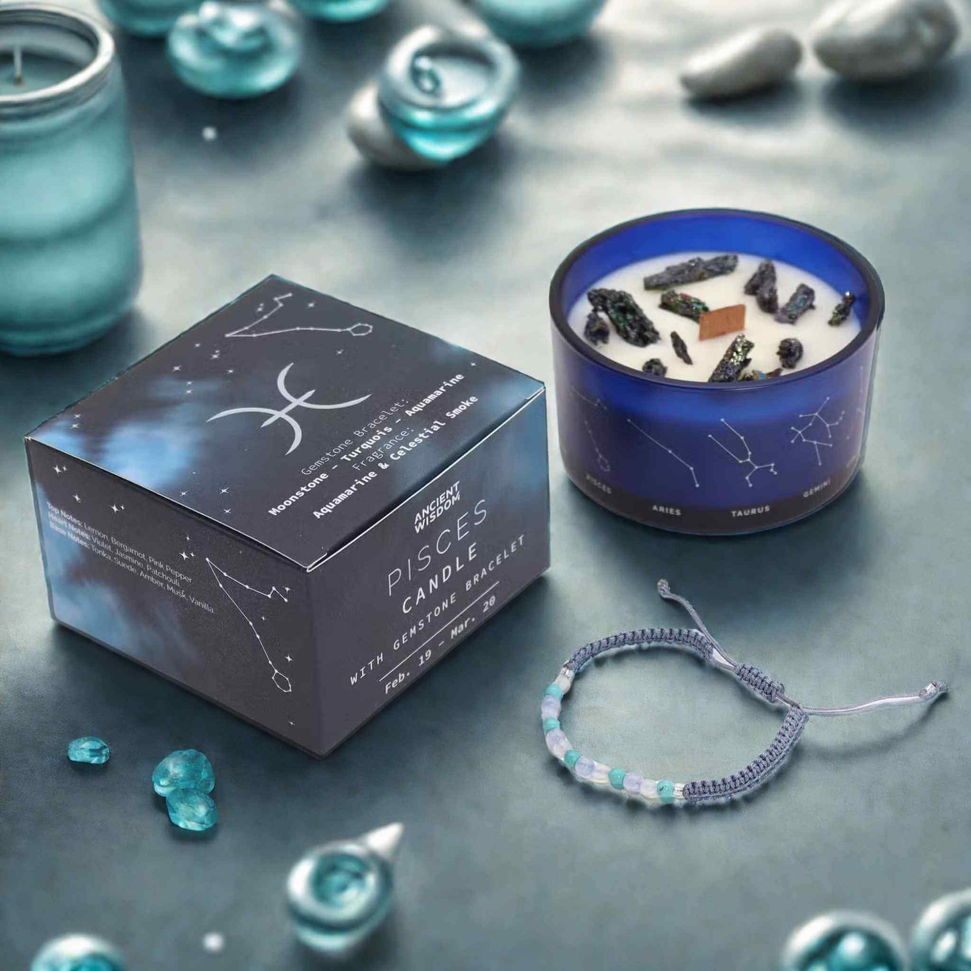Bougie zodiaque Poissons constellation avec bracelet pierre de lune turquoise et aigue-marine.