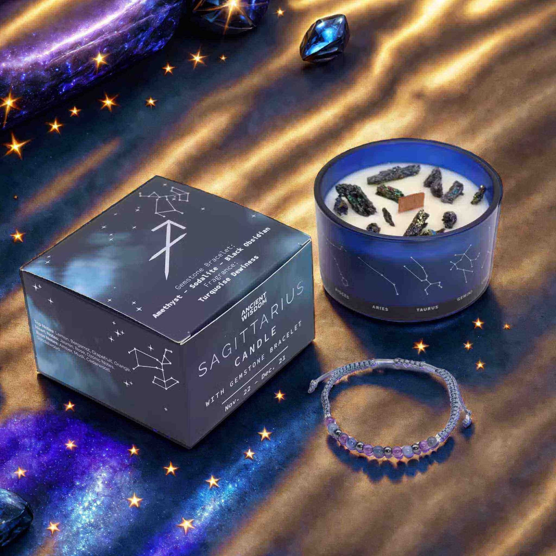 Bougie zodiaque Sagittaire constellation avec bracelet améthyste sodalite et obsidienne noire Art du Tibet.