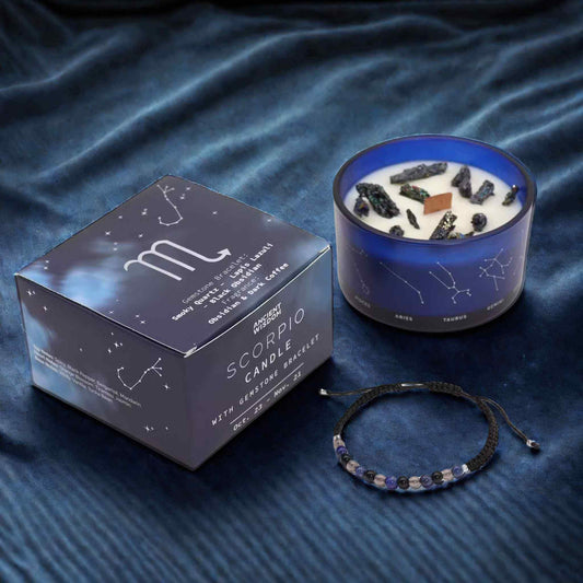 Bougie zodiaque Scorpion constellation avec bracelet pierres quartz fumé lapis lazuli obsidienne noire.